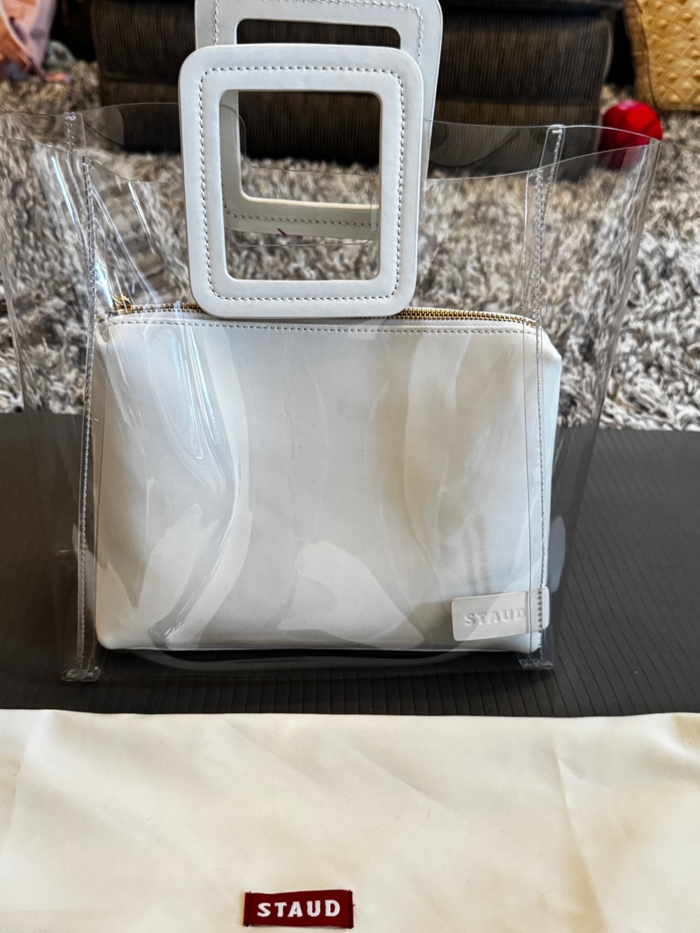 STAUD Clear Tote with White Square Handles and Removable White Pouch